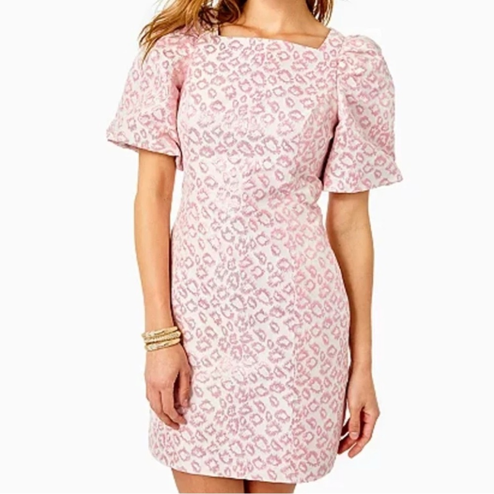 Lilly Pulitzer Taffia Pink Calla Dress Jacquard Puff Sleeve Leopard Party Dress